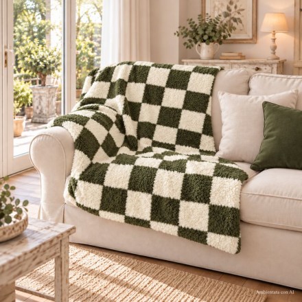 Plaid verde oliva su divano panna